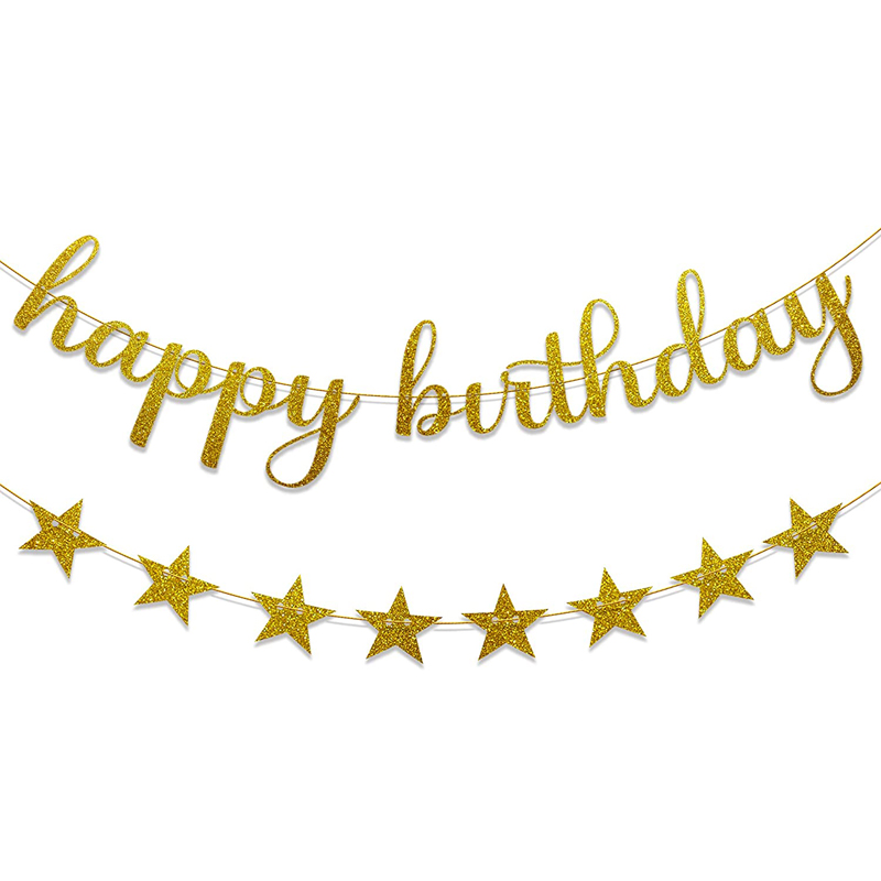 Gold Happy Birthday Banner with Star Garland Glitter Birthday Party Banner Garlands Decorations