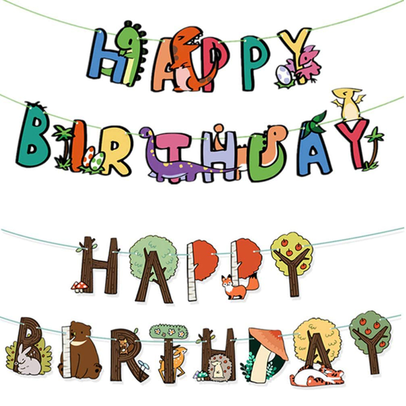 Happy Birthday Banners Dinosaur Hanging Buntings Garlands Forest Theme Kid Birthday Banners