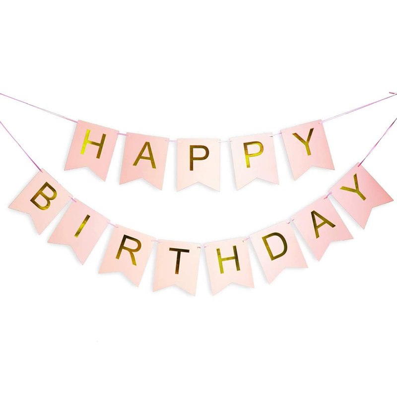Happy Birthday Bunting Banner Pink Happy Birthday Banner with Shimmering Gold Letters