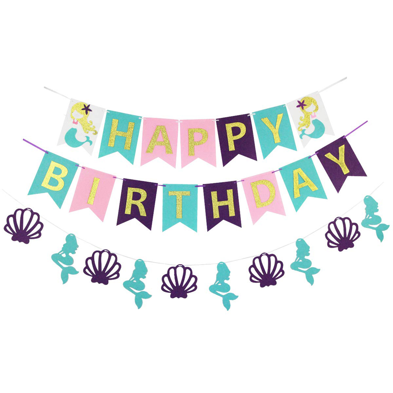 Mermaid Happy Birthday Decorations Happy Birthday Sign Happy Birthday Banner Felt Bunting Birthday Decorations, Bunting Banners wholesale