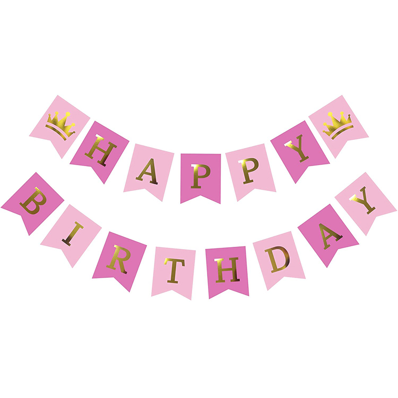 Banderines de fiesta de cumpleaños real dorados, pancarta de cumpleaños de princesa rosa, letrero de cumpleaños en colores pastel para niña