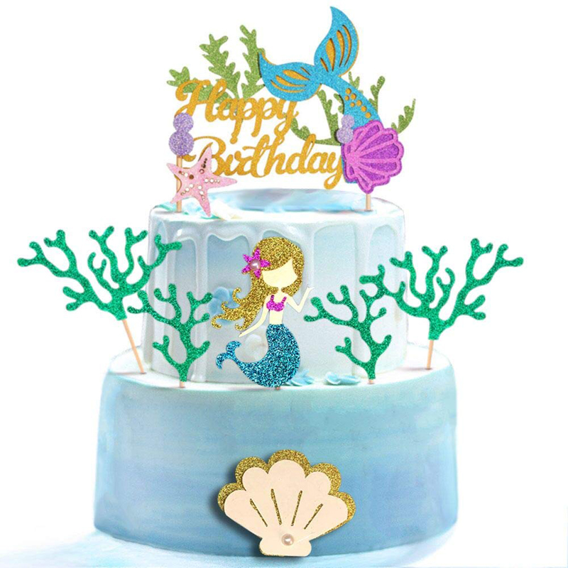 Cake Cupcake Toppers for Girls Mermaid Themed Birthday Cake Party Glitter Birthday Cake Toppers