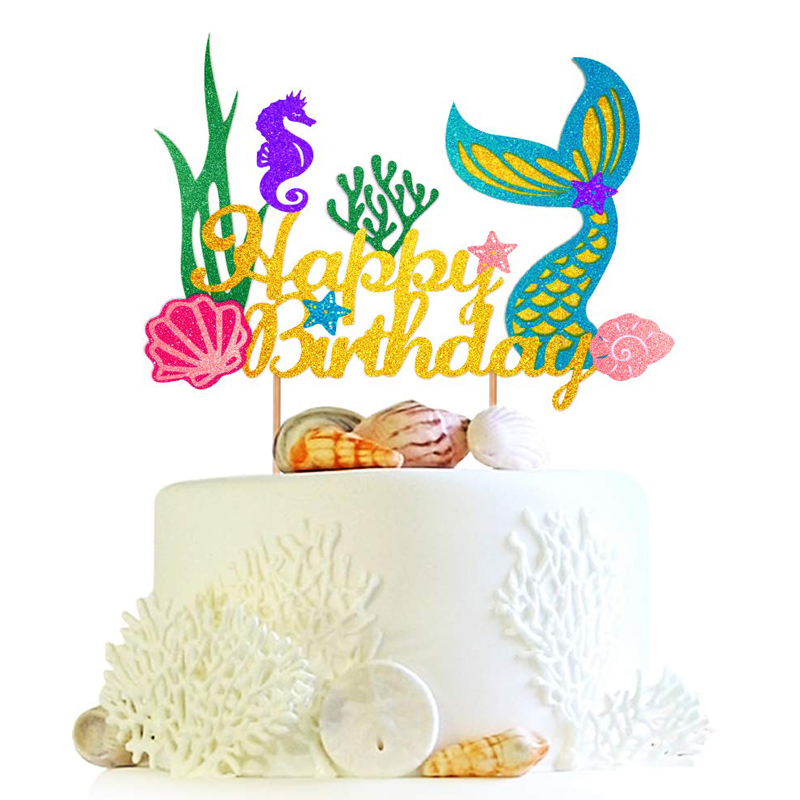 Under The Sea Mermaid Theme Party Glitter Mermaid Cake Topper, Happy Birthday Cake Decorations