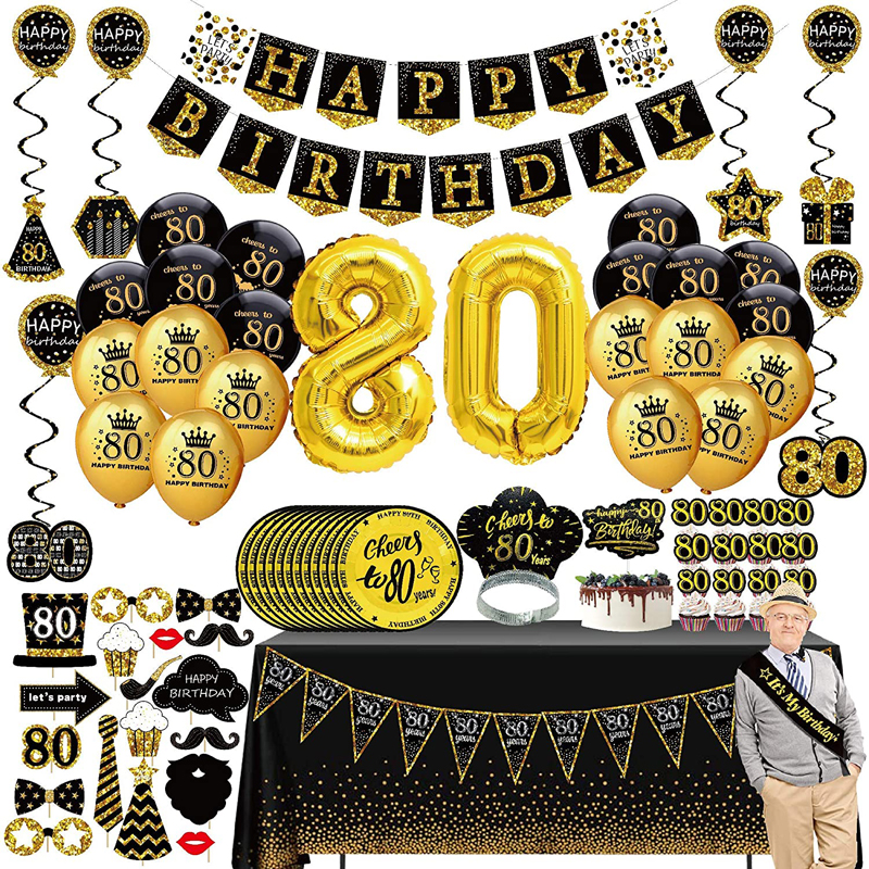 Dekorationen zum 80. Geburtstag, Schwarz-Gold-Combo-Kit, Banner zum Aufhängen, Swirl-Tischdecken, Cupcake-Topper