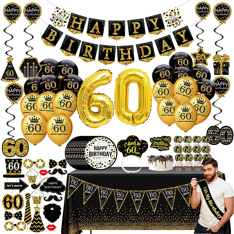 Men 60th Birthday Decorations Kit Black Gold Party Banner Hanging Swirl Balloons Tablecloths