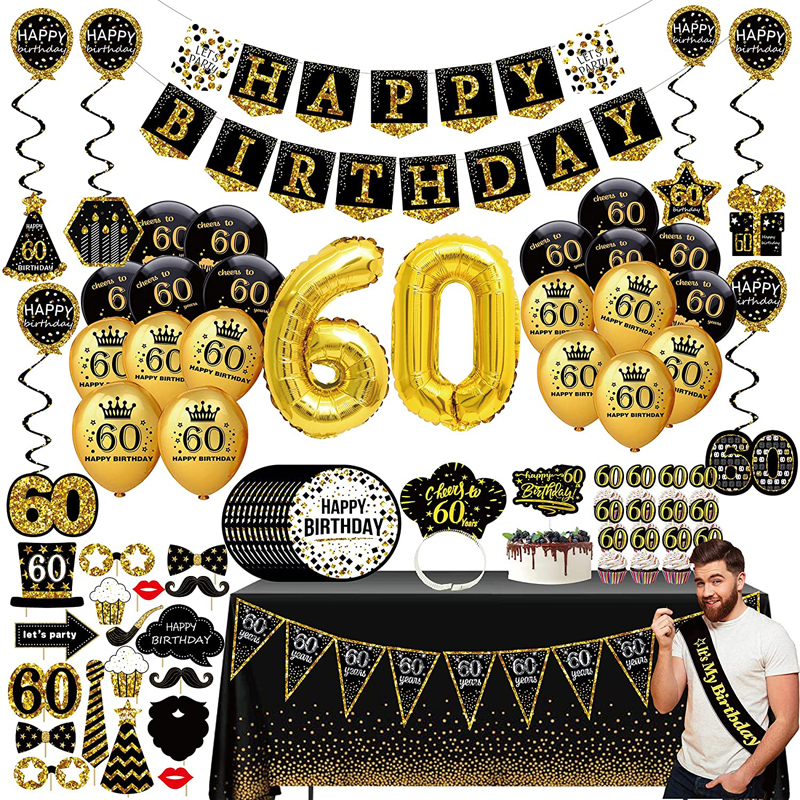 Kit de decoración de 60 cumpleaños para hombre, pancarta de fiesta en oro negro, manteles con globos en forma de remolino