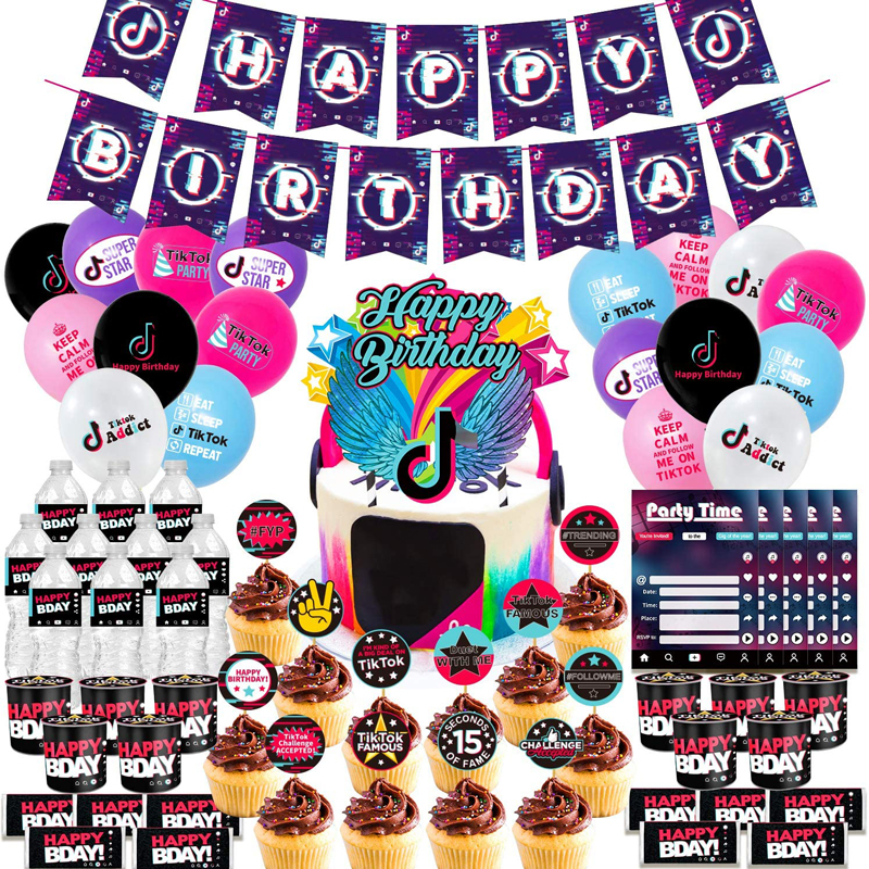 Artículos de fiesta de cumpleaños de música para TikTok Incluye Banner Cake Topper Globos Invitaciones