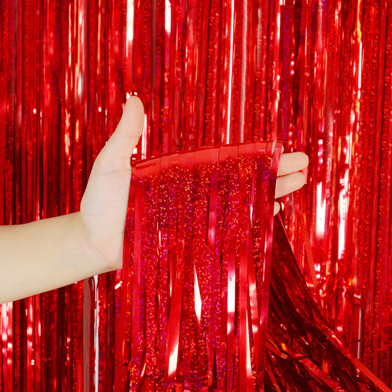 2 Pcs Red Metallic Tinsel Foil Fringe Curtains Backdrop, 3.28 ft x 6.56 ft  Streamers for Birthday Wedding Engagement Bachelorette Party Photo Booth