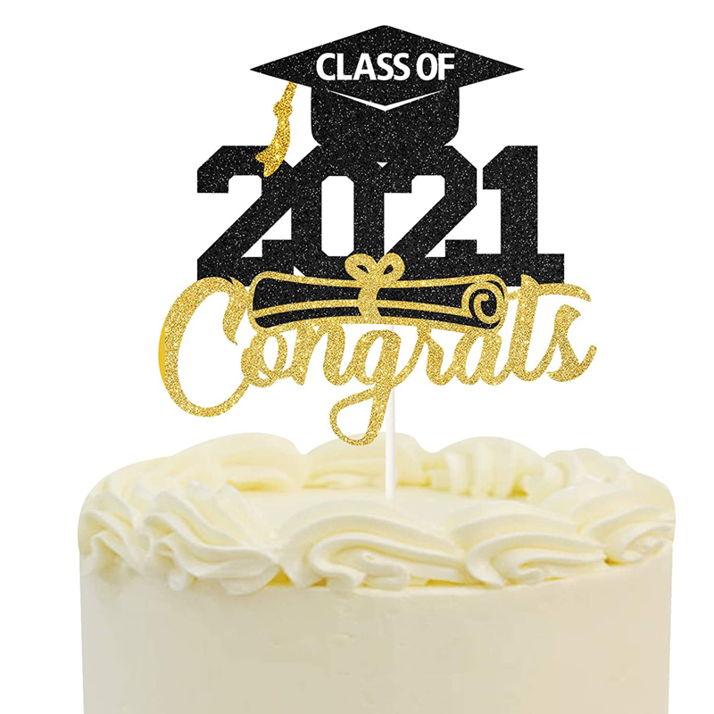 Congrats 2021 Graduate Party Supplies Gold Black Glitter Class Of 2021 Congrats Cake Topper