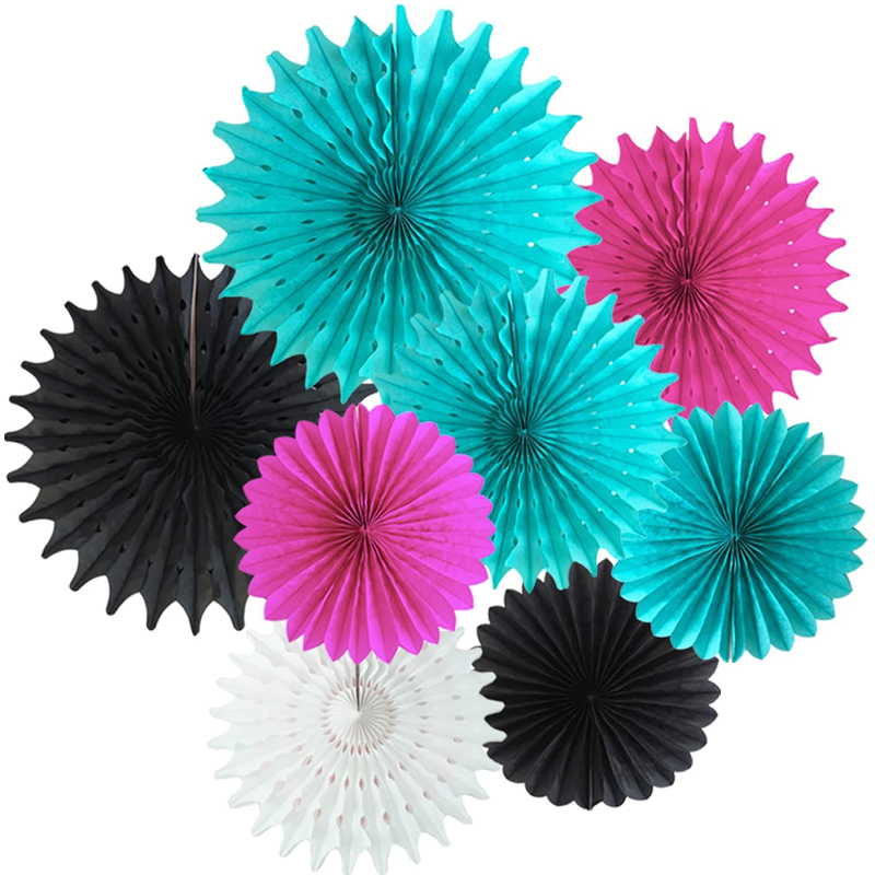 White Black Teal Tissue Paper Fans TIK Tok Birthday Party Supplies Black White Party Hanging Fans