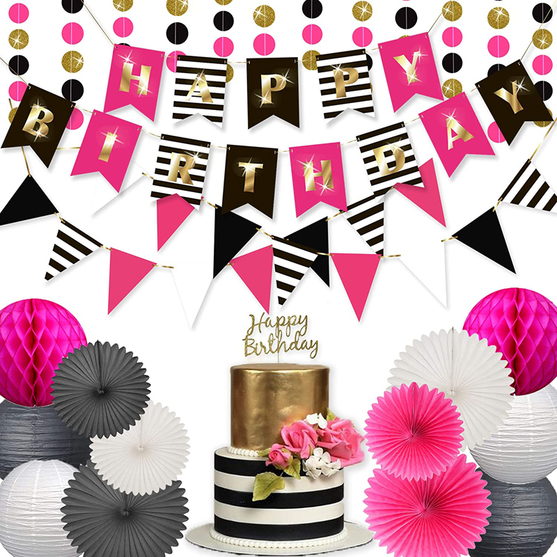 Hot Pink Gold Black White Happy Birthday Birthday Decorations for Women and Girls Party Supplies