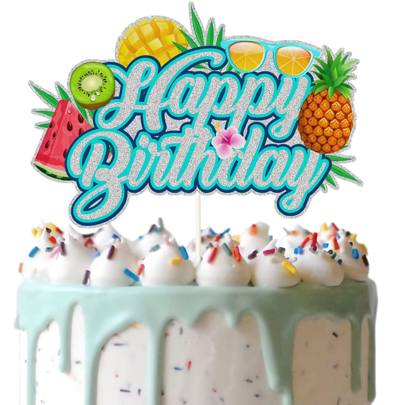 Summer Fruit Theme Birthday Party Supplies Silver Glitter Summer Happy Birthday Cake Topper