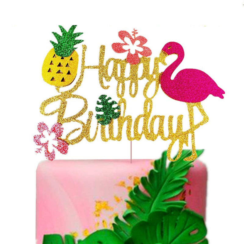 Flamingo Happy Birthday Cake Decoration Tropical Hawaiian Luau Glitter Flamingo Cake Toppers