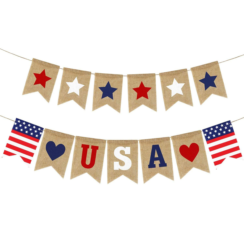 Memorial Day American Burlap Banner 4th of July Decorations USA Banner Burlap Patriotic Banner