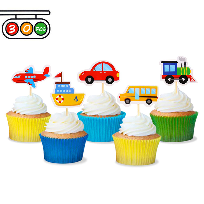 Cupcake Toppers for Baby Shower Birthday Party Transportation Cupcake Toppers Car Bus Train Transportation Cupcake Toppers, Birthday Supplies wholesale
