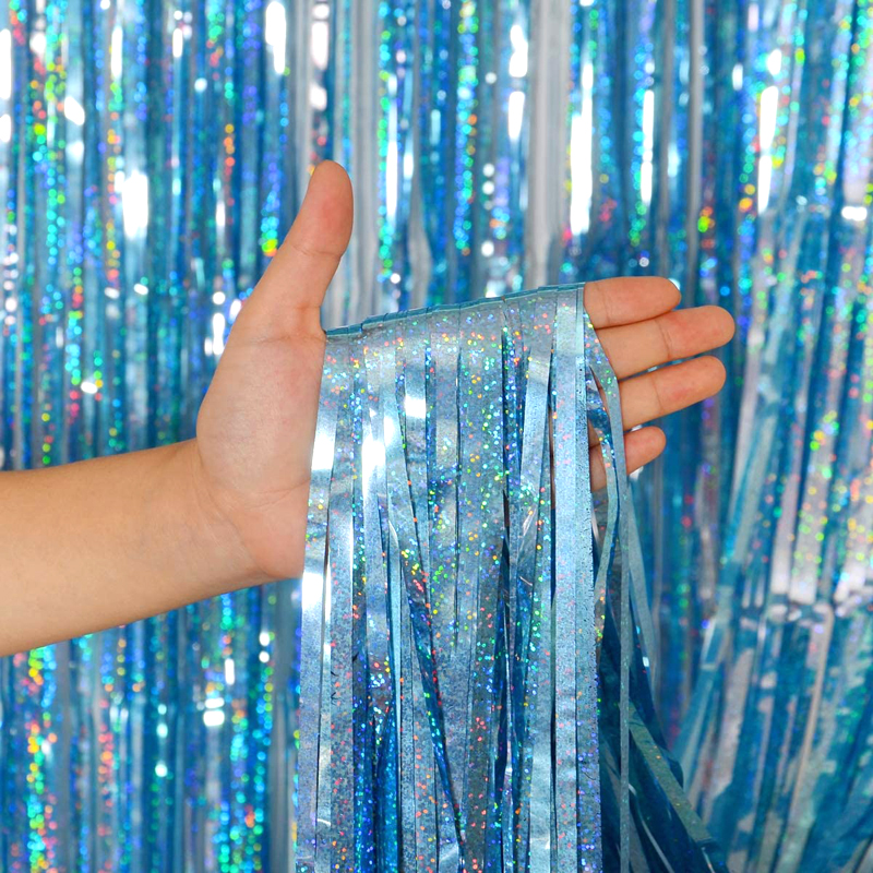 Light Blue Foil Fringe Curtain Metallic Photo Booth Backdrop Tinsel Door Curtains Decorations