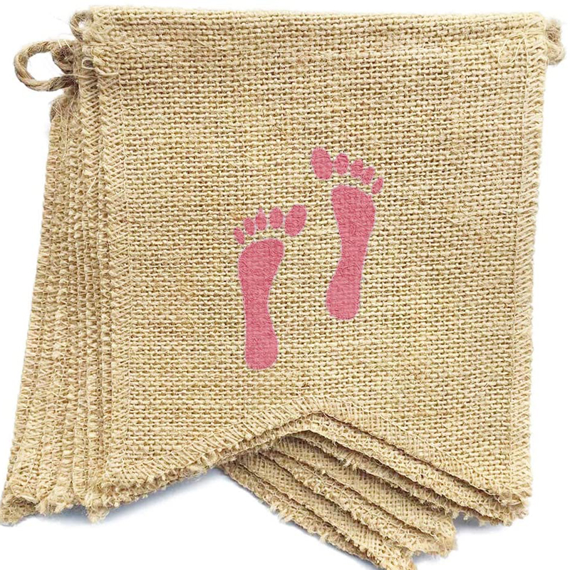 Rustic Burlap Banners with Pink Feet Prints for Baby Girl Gender Reveal Party Decoration