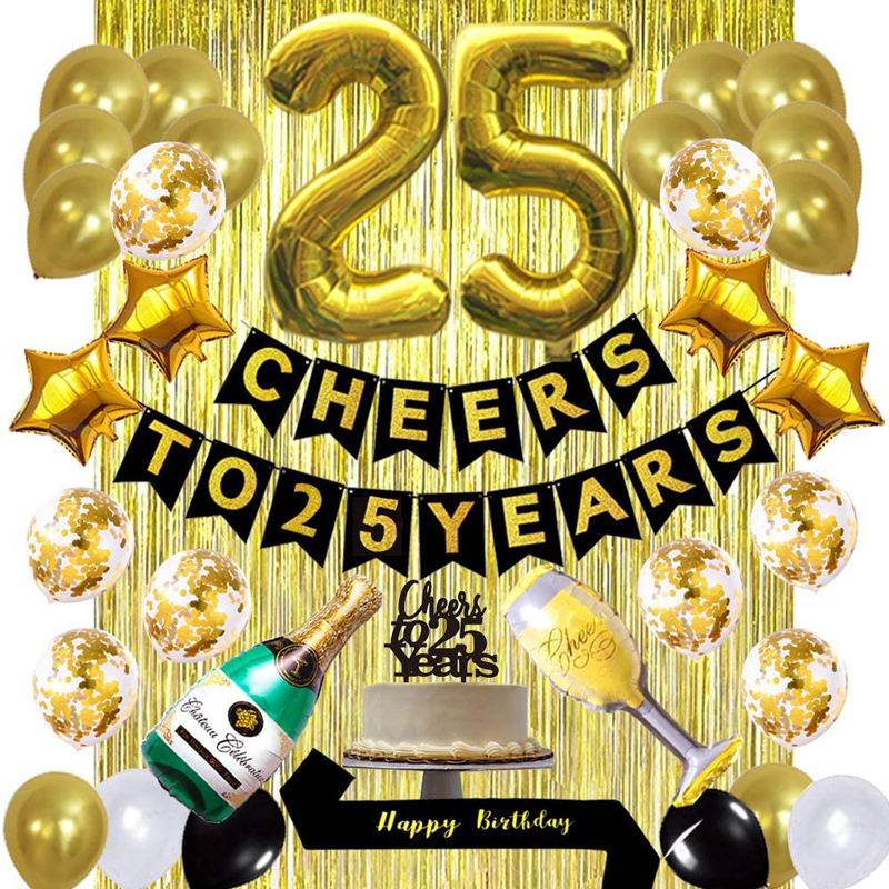 25th Birthday Decorations Kit Banner Balloons Cake Topper Gold Birthday Sash Fringe Curtains