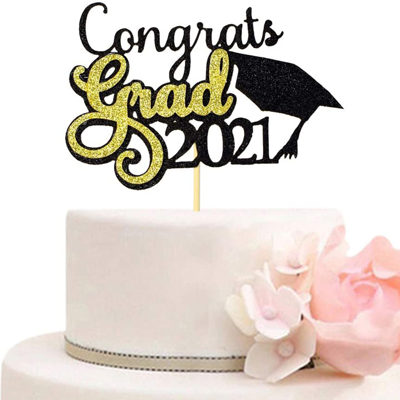 Congrats Grad 2021 Cake Topper Glitter Graduation Party Decorations Black and Gold