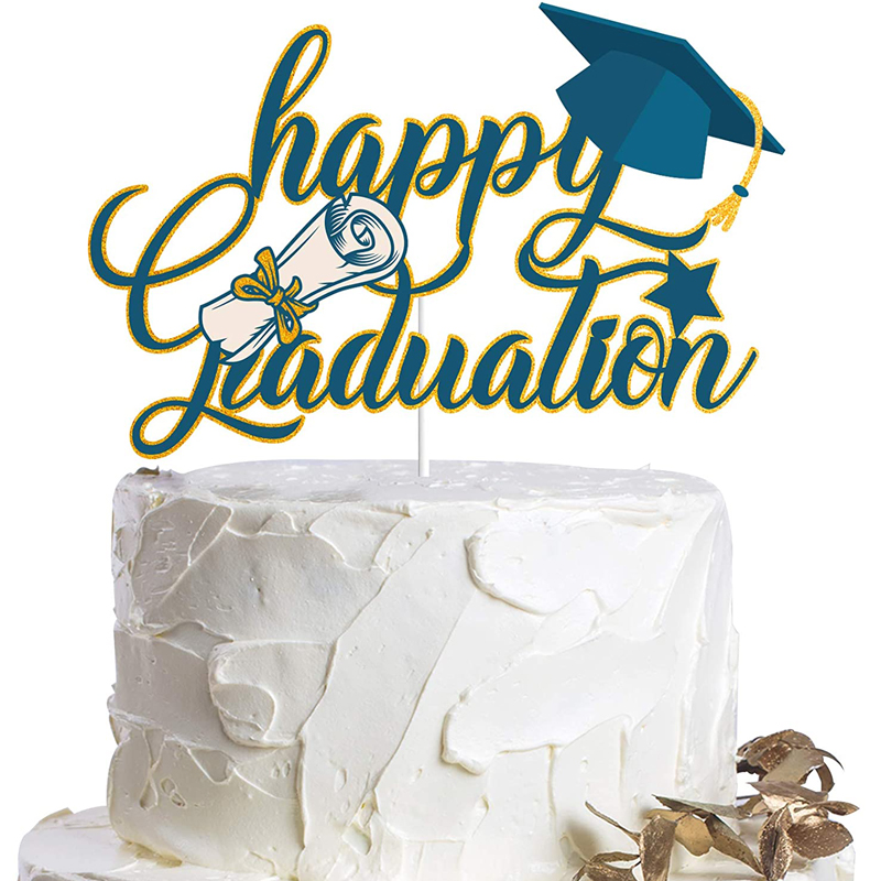 Graduation Cake Topper Blue Gold Glitter Congrats Cake Decorations Happy Graduation 2021