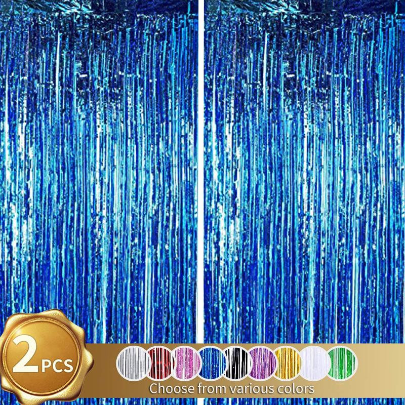 Blue Tinsel Metallic Foil Fringe Curtain Party Decorations Photo Backdrop for Birthdays and Bridal Showers