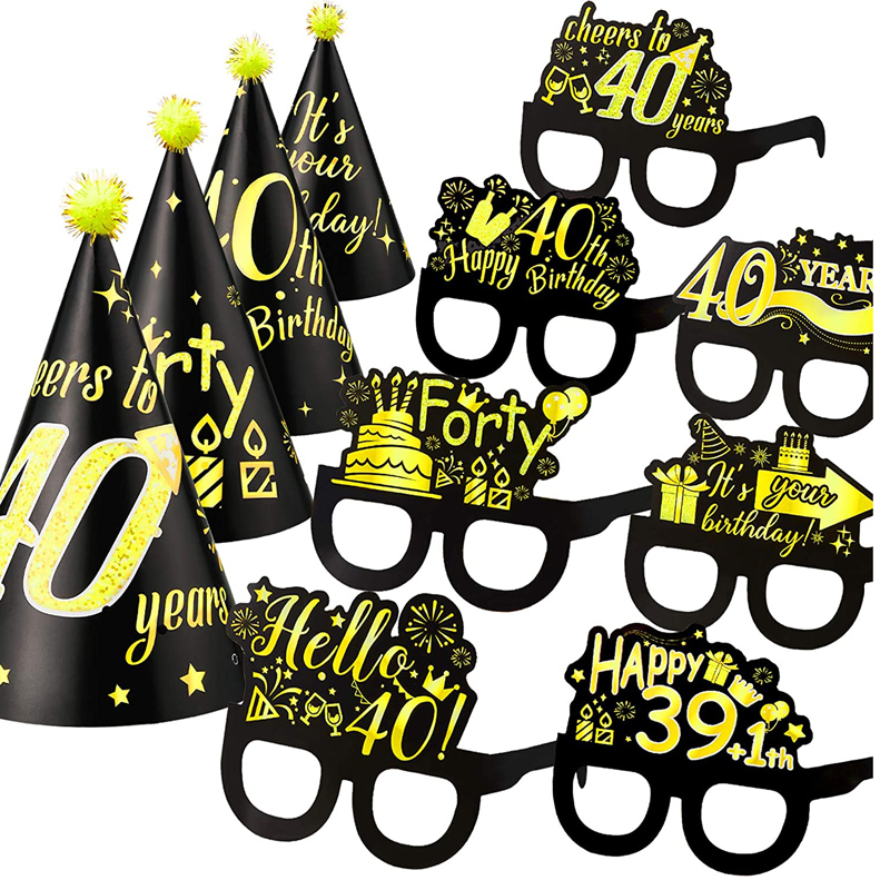 Birthday Party Decoration Glasses and Hats Kits 40th Black Gold Theme Paper Glasses and Hats