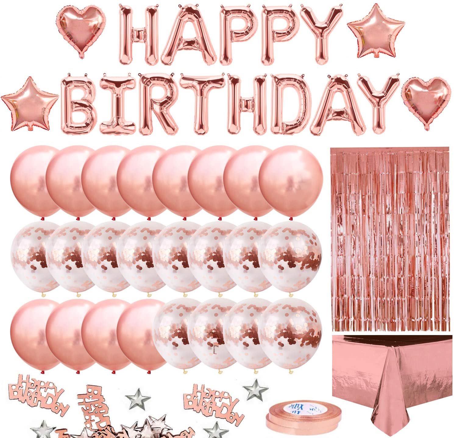 Rose Gold Birthday Party Decoration Banner Fringe Curtain Heart Star Foil Confetti Balloons