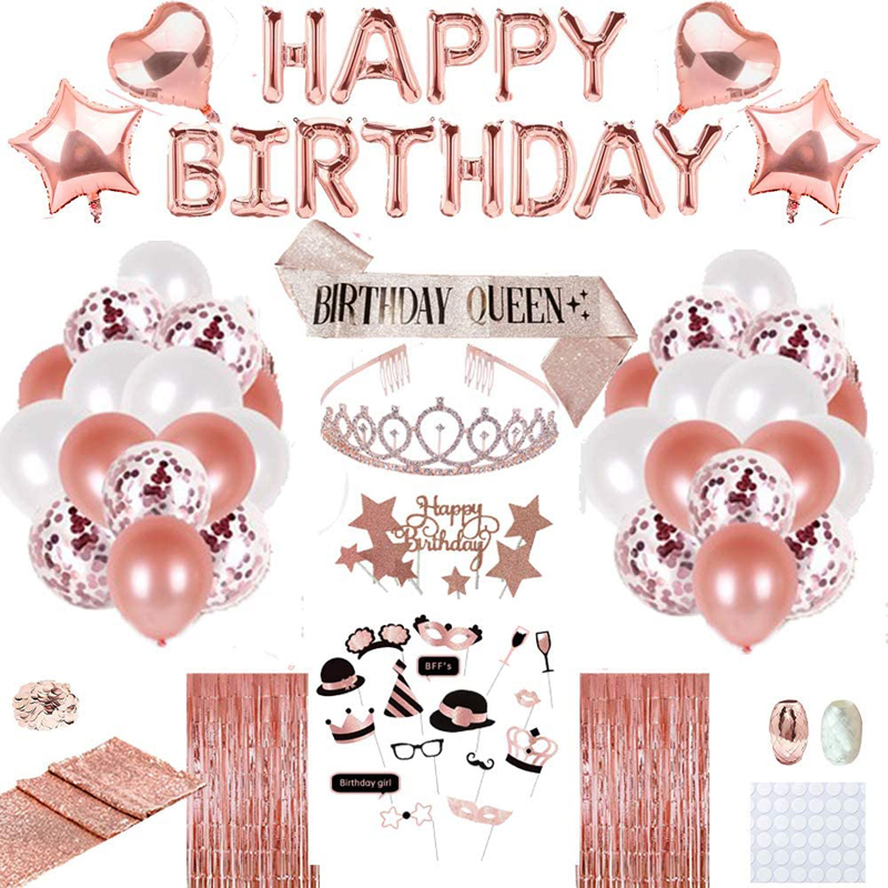 Roségoldene Geburtstagsparty-Dekorationen für Frauen Mädchen Happy Birthday Banner Fransenvorhang