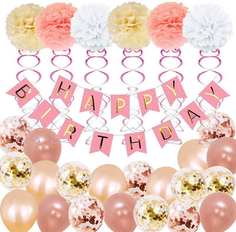 Birthday Party Supplies for girl and women include 52Pcs Banners Rose Gold Balloons