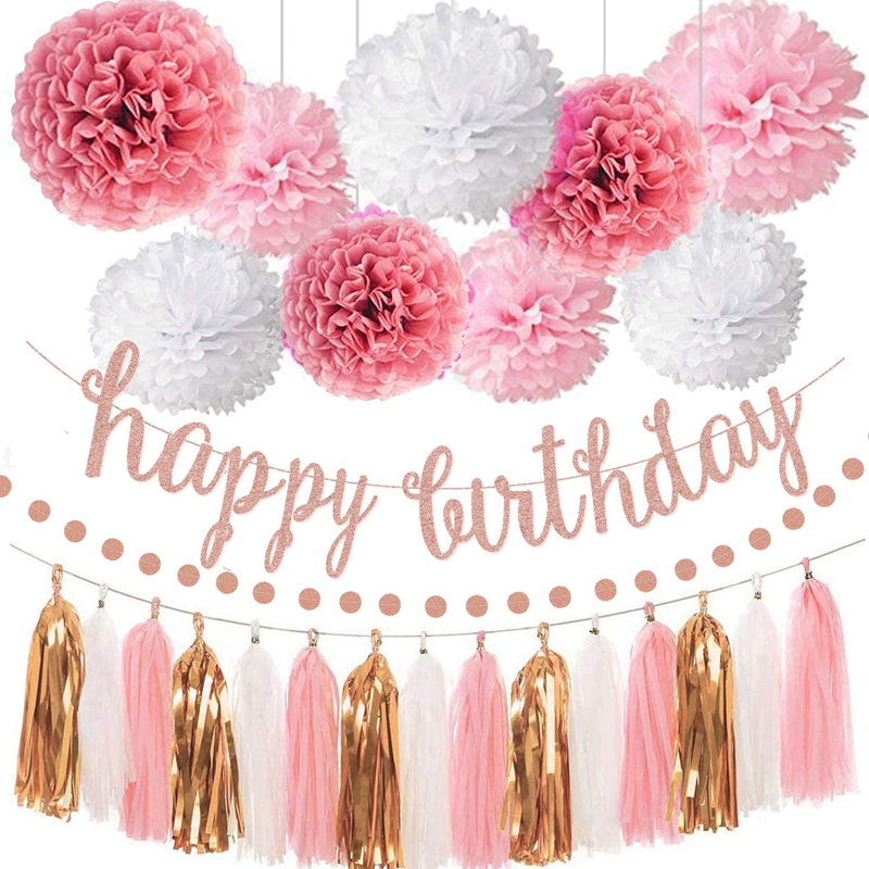 Pink Rose Gold Birthday Party Decorations Set Rose Gold Glittery Happy Birthday banner birthday tassel garland, birthday decorations wholesale