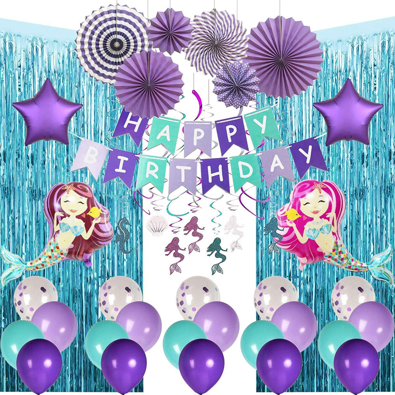 Mermaid Party Supplies Balloons Hanging Swirl Foil Curtains Paper Fans Sea Theme