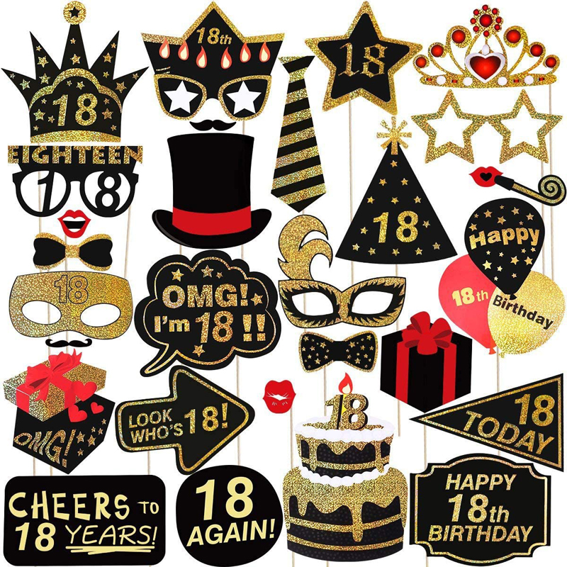 18th Birthday Party Supplies 18th Birthday Photo Booth Props Kit Gold and Black Birthday Supplies