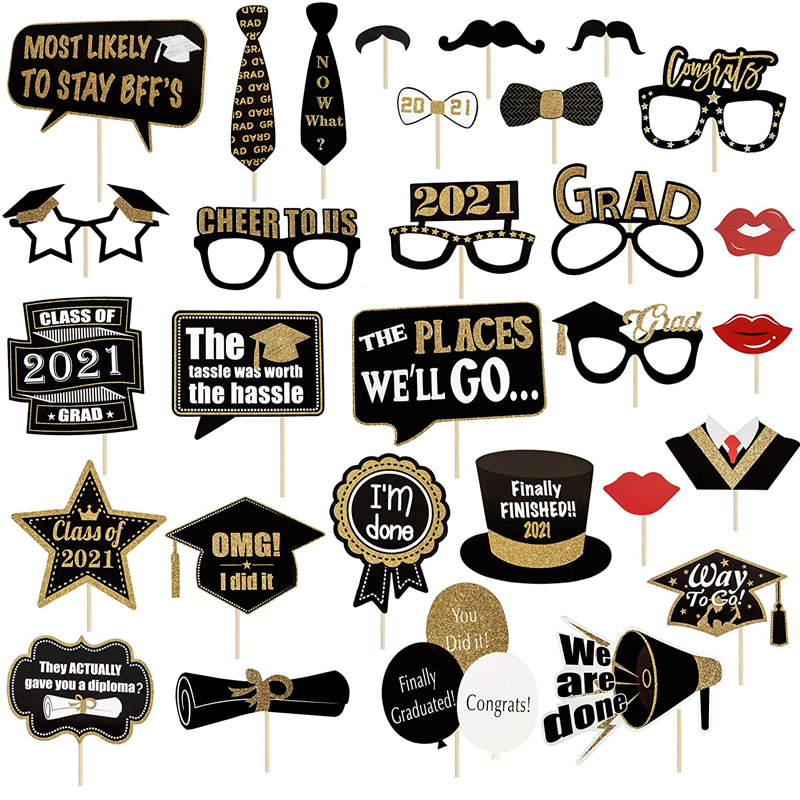 Black and Gold Picture Props for Graduation Party Graduation Photo Booth Props with Sticks