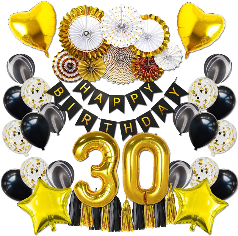 30th Birthday Decorations for Him Men Black Gold Birthday Party Decor Supplies