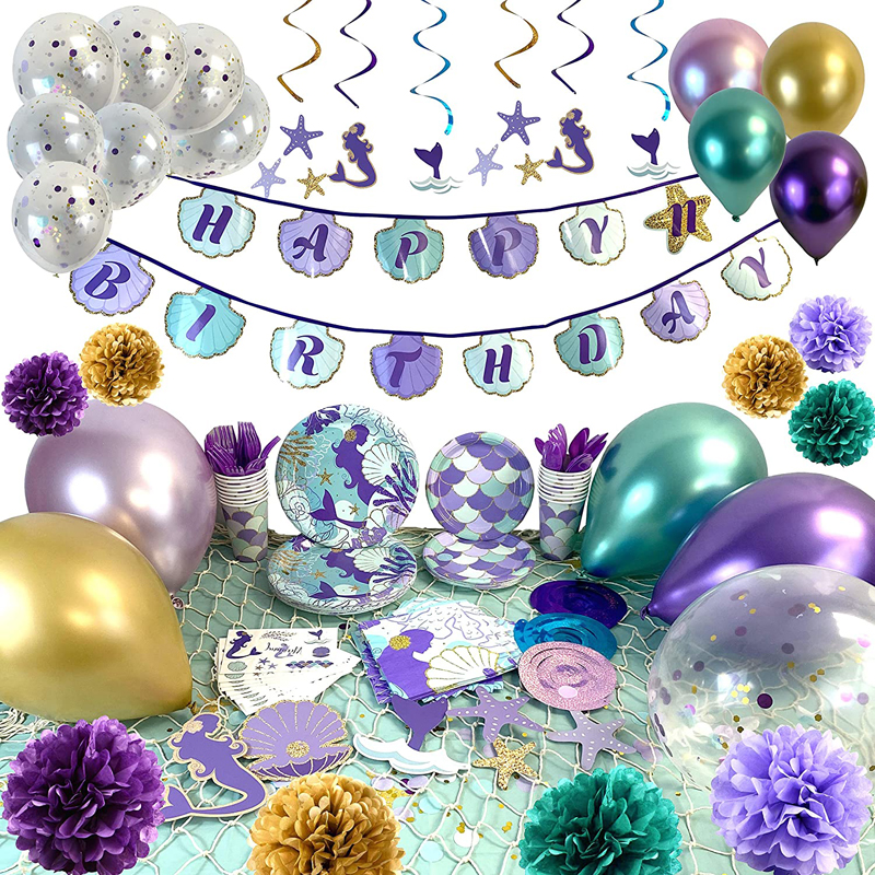 Artículos y decoración para fiesta de cumpleaños de sirena para 16 invitados Edad personalizable
