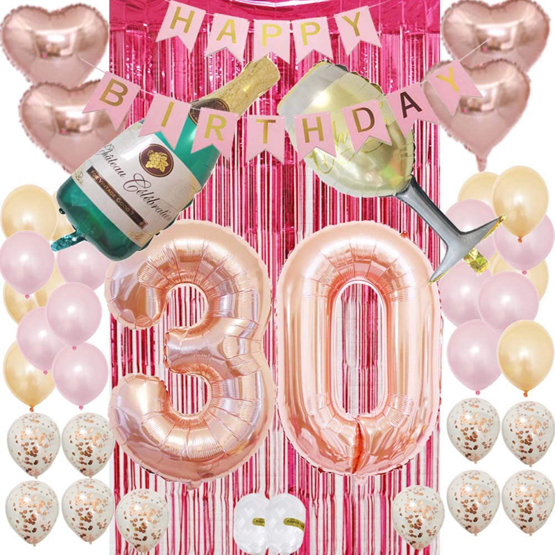 Decoración de cumpleaños número 30 Kit de Artículos para fiestas Regalos de cumpleaños para mujer Conjunto de globos de botella de champán