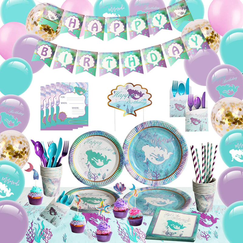 decoración de fiesta de cumpleaños de sirena para platos de niña Tarjetas de invitación Banner Cubierta de mesa