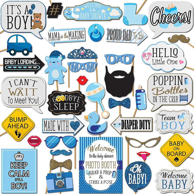 It is a Boy Baby Shower Photo Booth Props 41 Pieces with Wooden Sticks and Strike Boy Baby Shower, Photo Booth Props wholesale