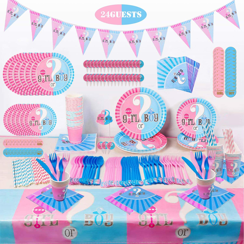 Gender Reveal Party Supplies Geschirr-Set für 24 Gäste Baby Girl oder Boy Gender Reveal Dekorationen