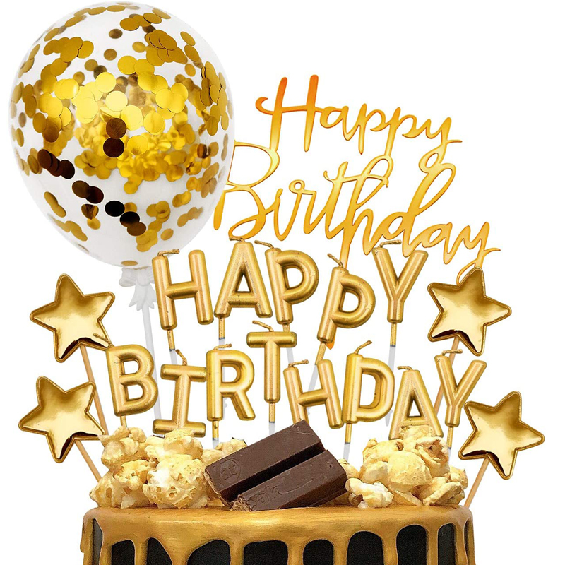 Gold Cake Topper with Happy Birthday Banner Confetti Balloon Stars Girl Women Birthdays Decorations