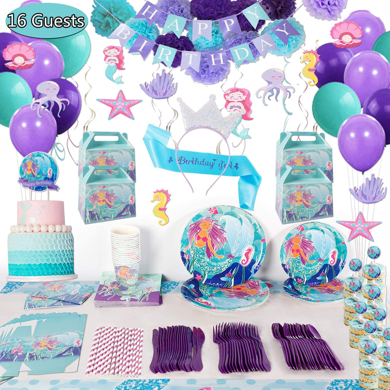 El kit de decoración de Artículos de fiesta de cumpleaños de sirena favorece a 16 invitados