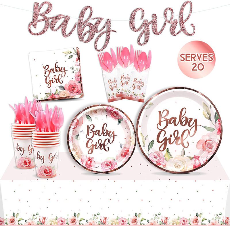  Baby Girl Party Tableware Supplies Rose Gold Baby Shower Gender Reveal Decorations Set
