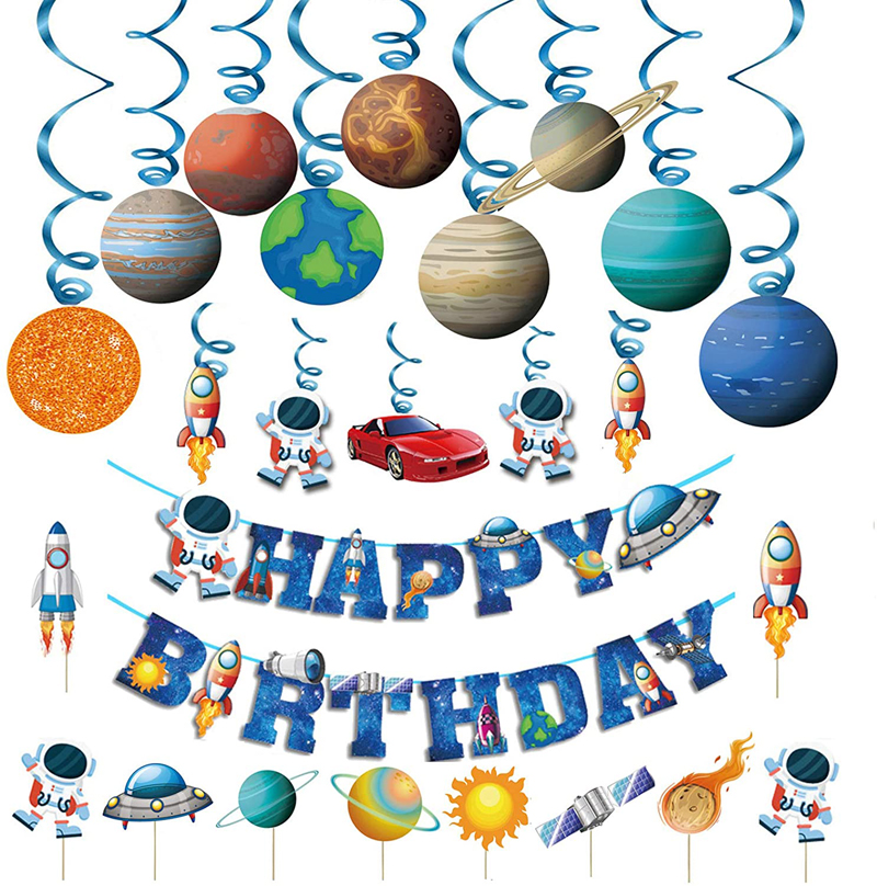 Kids Birthday Space Party Decoration Blue Astronaut Spaceship Theme Hanging Solar System