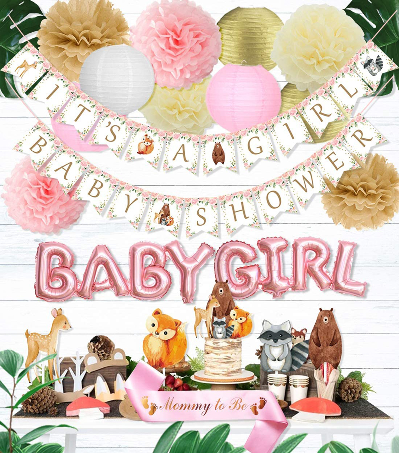 Baby Shower Balloon Garland Kit Girl Decorations Pink Gold Woodland its a Girl Banner