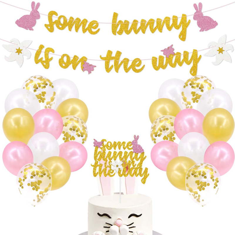 Bunny Baby Shower Party Decorations Kits Some Bunny Is On The Way Cake Topper Pink Gold White
