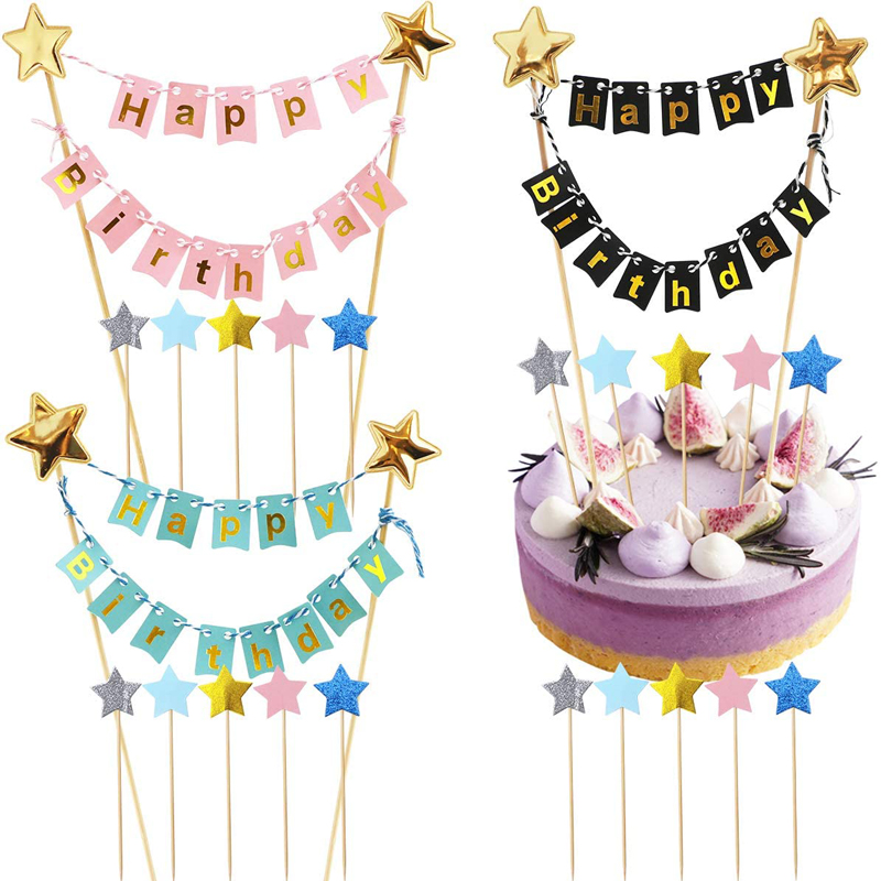 Colorful Happy Birthday Cake Toppers with Banner and Glitter Insert for Party Cake Decorations