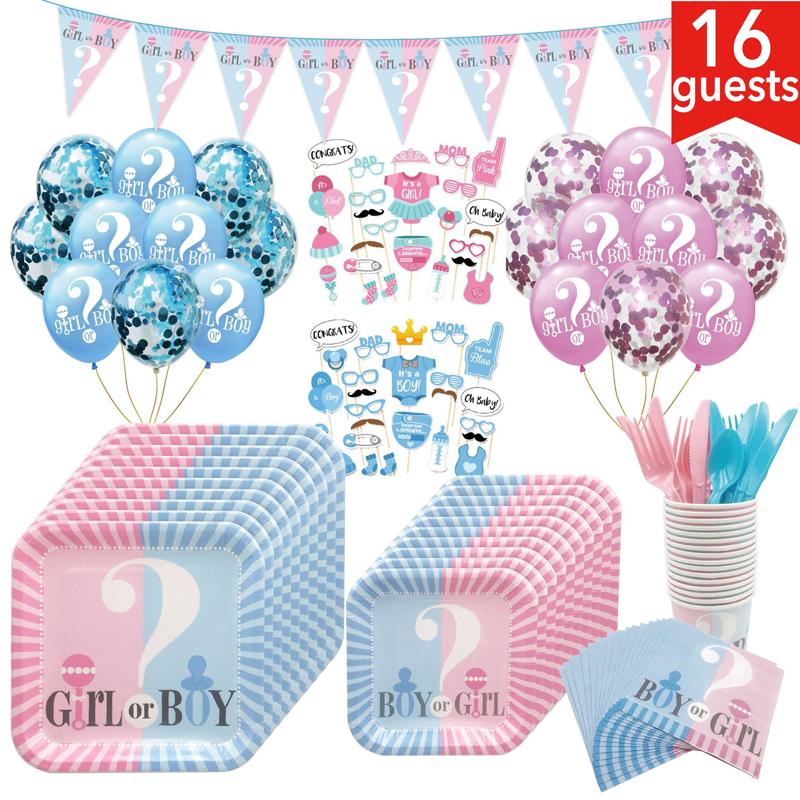 Juego de decoración de fiesta de bienvenida al bebé azul rosa con platos de papel, vasos, pancartas