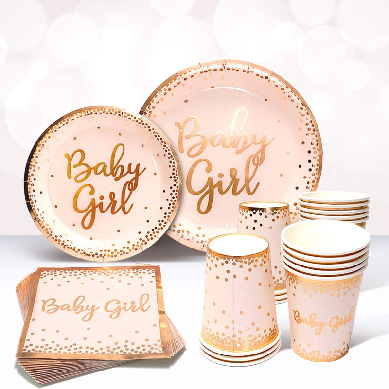 Sweet Baby Shower Plates and Napkins Girl for 24 With Rose Gold Pink Paper Plates