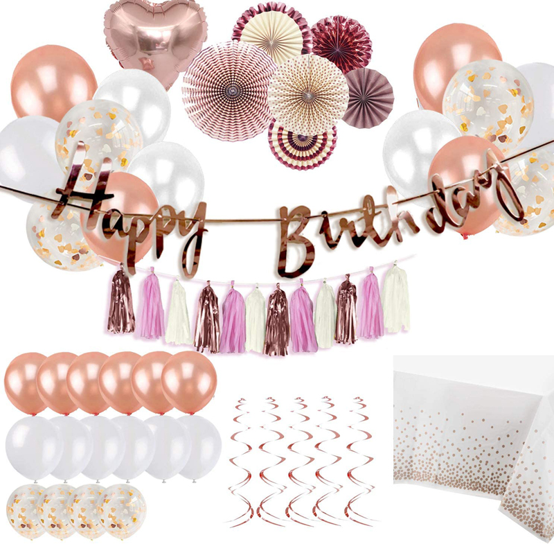 Women Birthday Decorations Rose Gold Party Supplies Set Banner Foil Heart Balloons