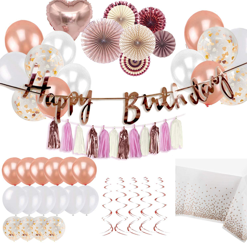 Frauen Geburtstag Dekorationen Rose Gold Partyzubehör Set Banner Folie Herz Luftballons